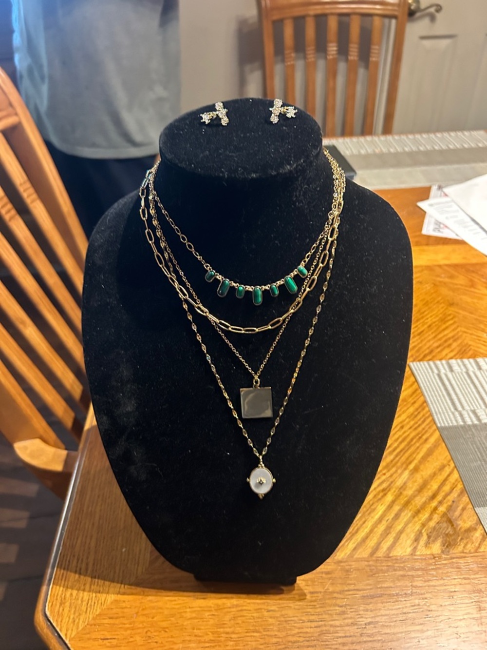Plunder Gold-Tone Layered Necklace with Green Beads and White Pendant